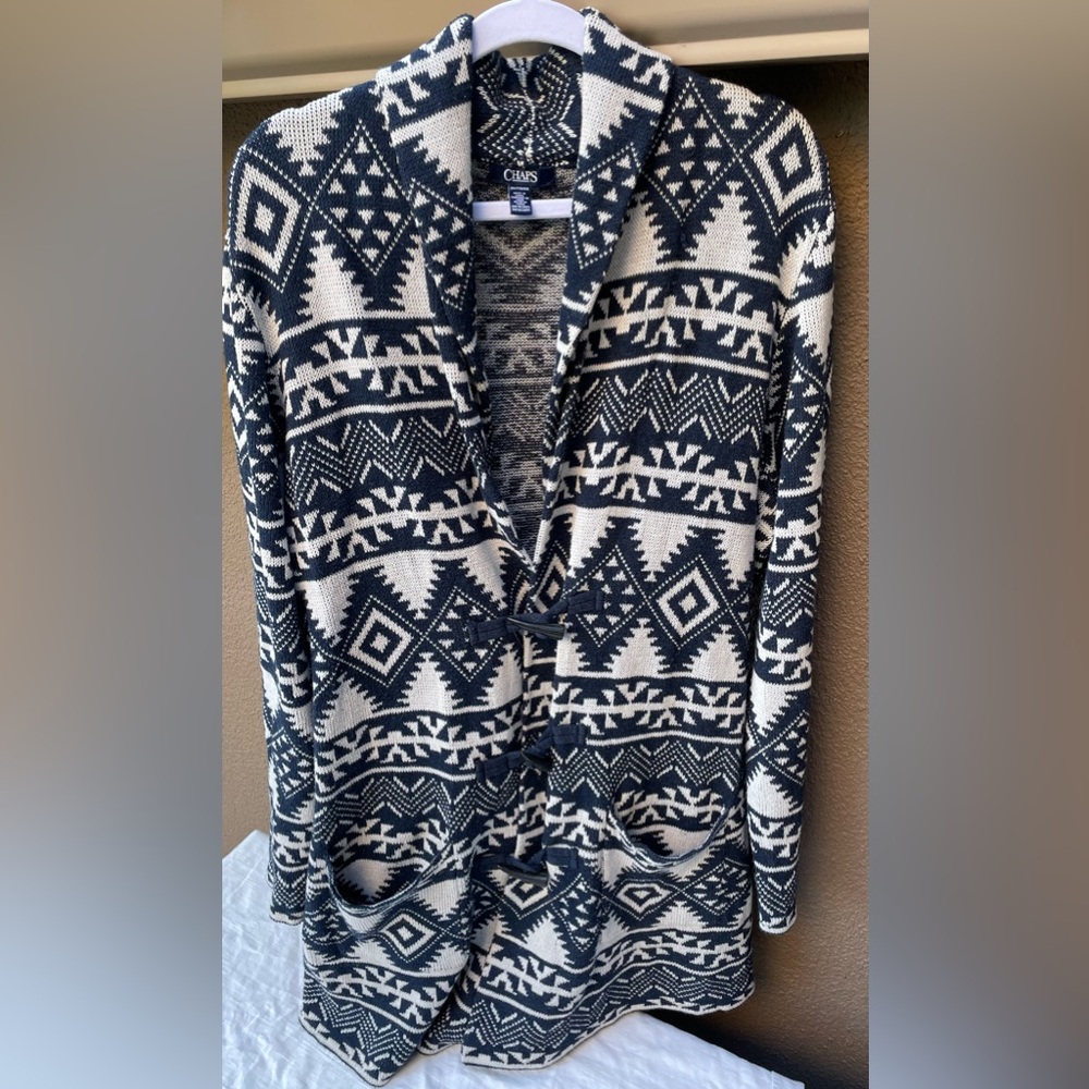 VTG Chaps southwest geometric sweater jacket, 2x. Indigo blue & white. Pockets!